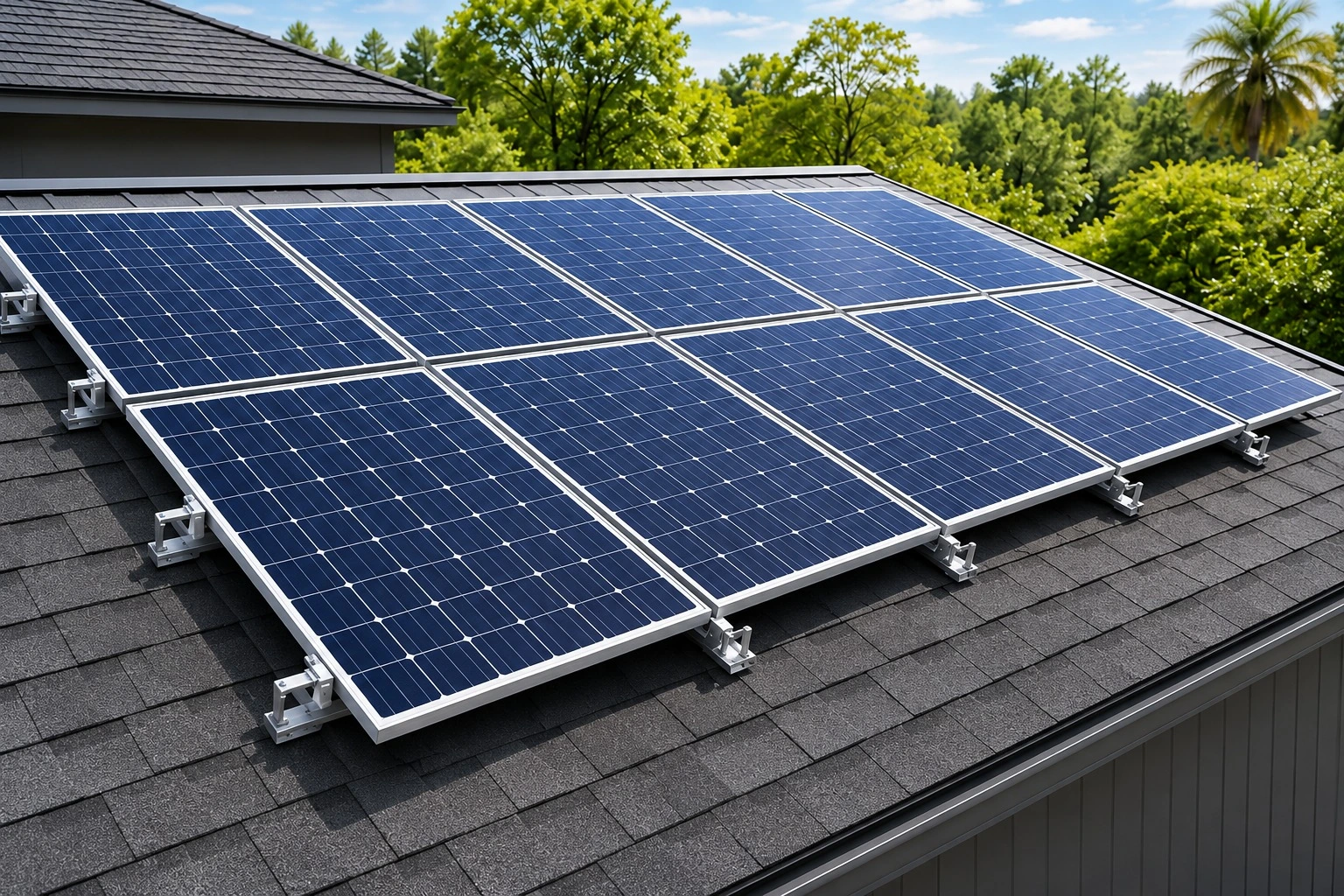 Wide aerial view of solar panels across open farmland