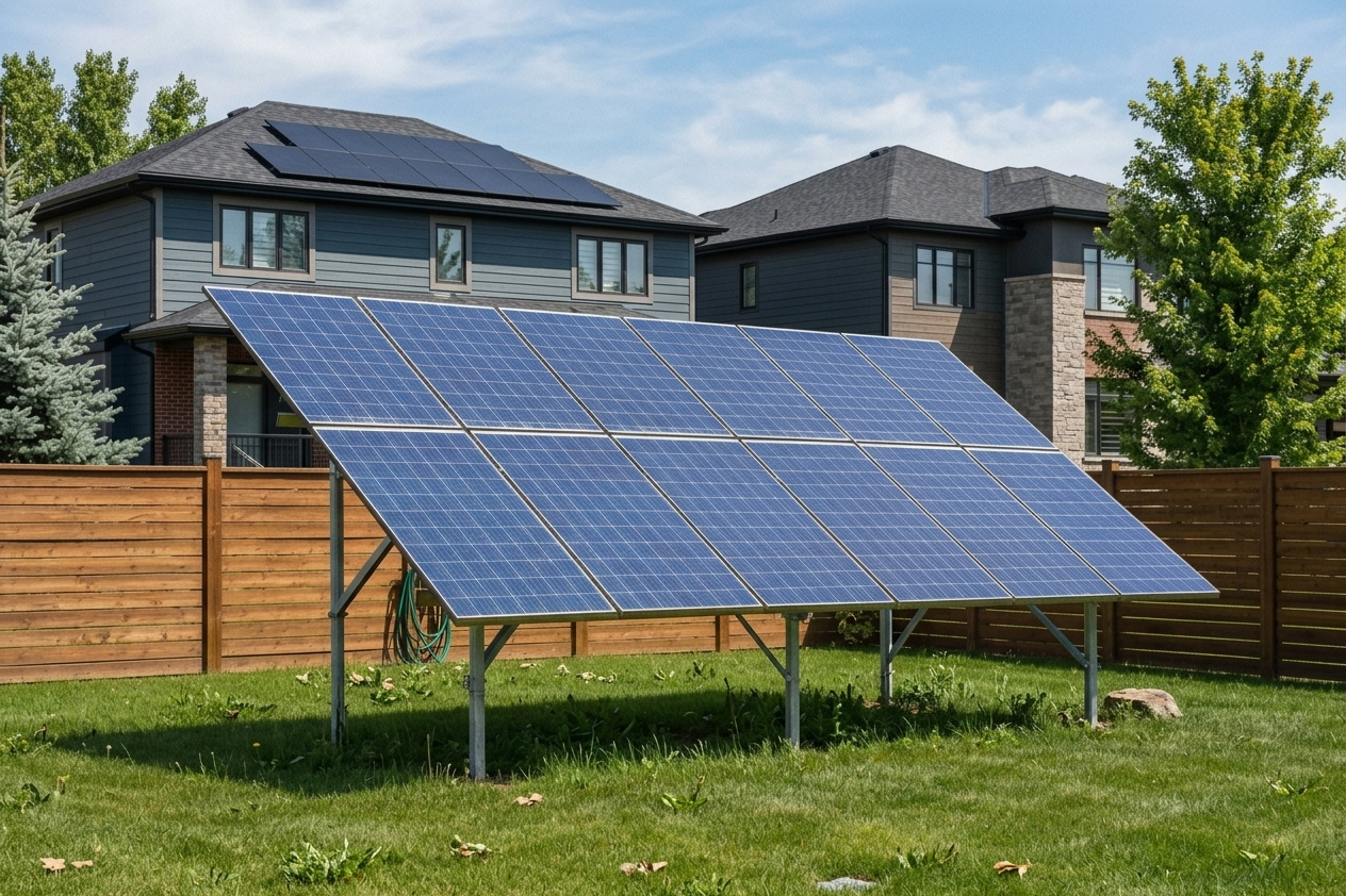 Aerial view of a large ground-mount solar installation in a forested valley