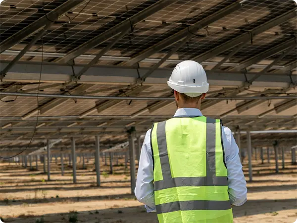 Technician inspecting a large-scale solar installation